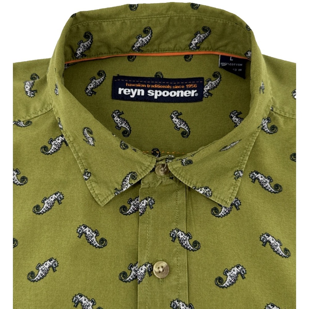 Reyn Spooner Hawaiian Shirt Mens L Green Seahorse Print Aloha SS Cotton